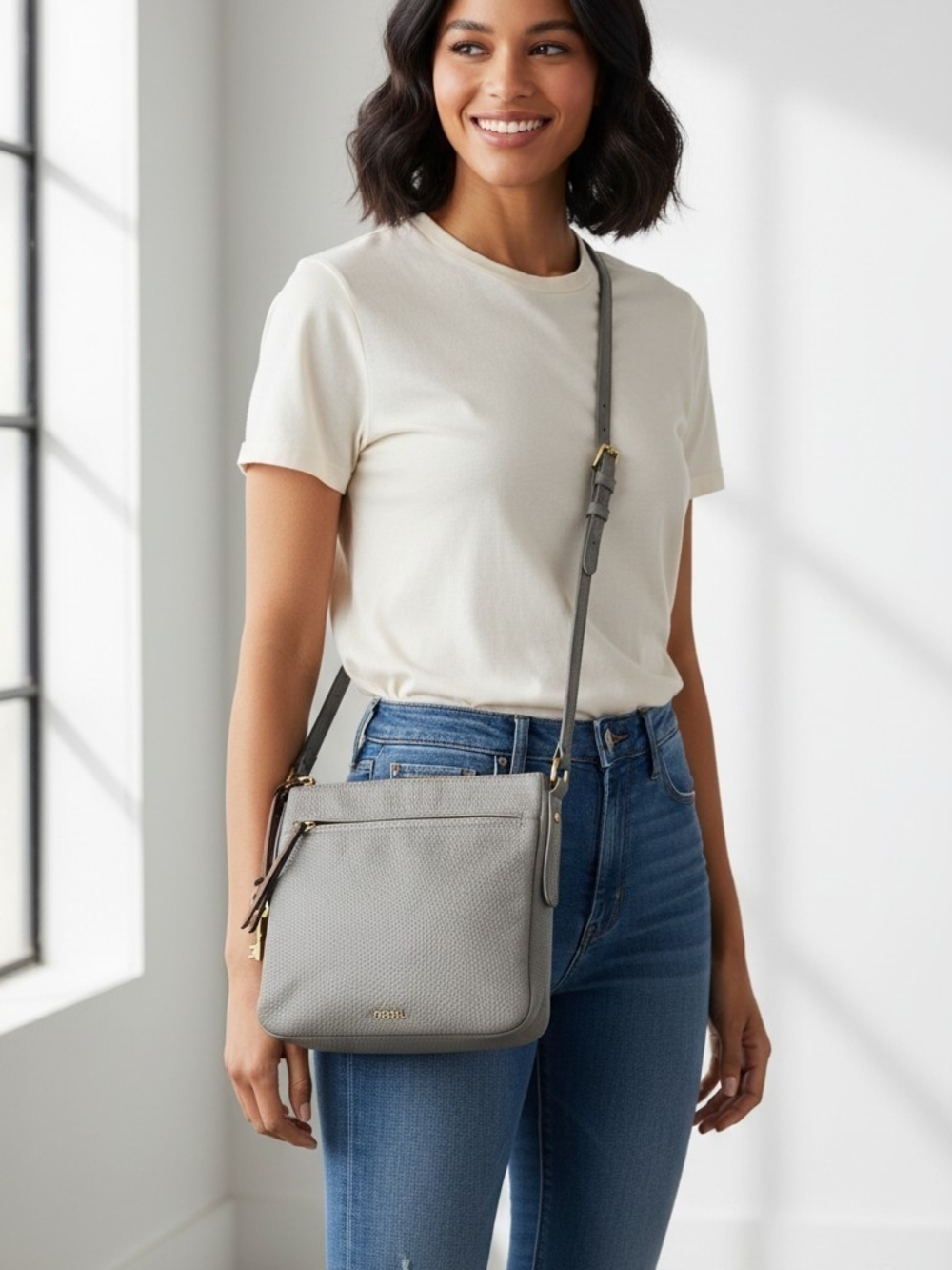 Fossil Gray Leather Crossbody Bag with Wallet